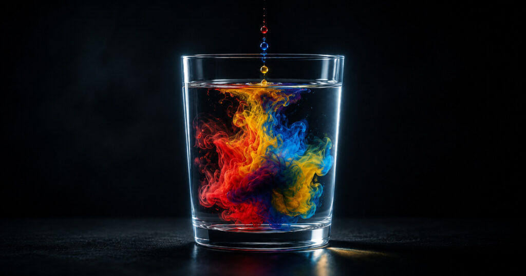 A minimalist, atmospheric shot of a single drop of vibrant crimson or deep blue watercolor pigment falling into a glass of clear water, swirling dynamically in slow motion against a dark background to symbolize a brief connection waking up an entire room.