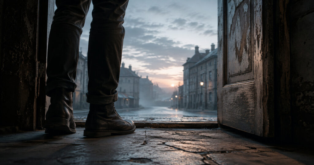 A moody, low-angle shot of a person’s feet stopping at the open doorway of an old building looking out onto a misty, quiet street at dawn, capturing the exact physical moment