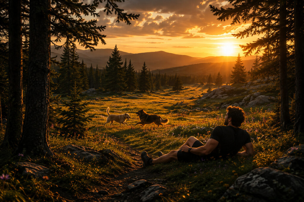 A wide, cinematic shot taken from the edge of a dark pine forest, looking out into a vast, sun-dappled meadow illuminated by the golden rays of sunset. Wildflowers blanket the ground, creating a stark visual contrast between the shadow of the trees and the light of the clearing.