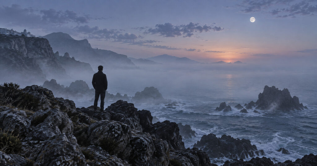 A wide, cinematic shot of a rocky, fog-drenched Greek coastline at dawn. The icy white morning moon (πρωινό φεγγάρι) is still visible in the pale indigo sky, while a solitary male silhouette stands on the dark rocks, looking out into a misty, endless ocean.