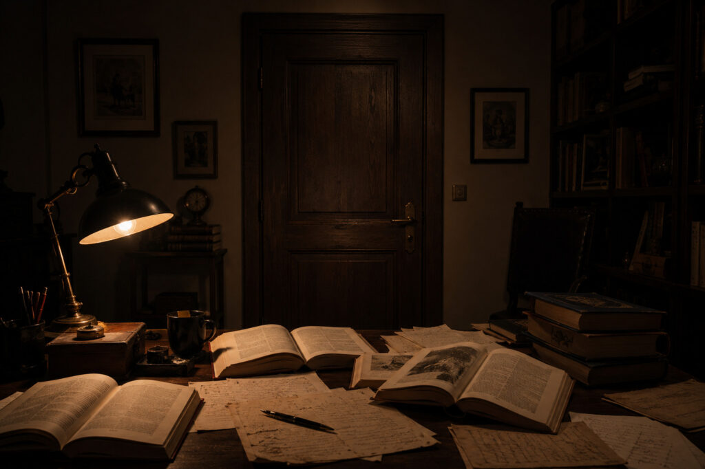 A dark-toned, moody shot of a dimly lit wooden desk littered with open hardcover books, handwritten loose sheets of paper, and a single warm lamp casting soft shadows. In the background, a thick wooden door is completely closed, creating a sense of total privacy and safety.