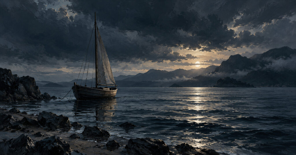 Twilight Sailboat Beneath Brooding Clouds